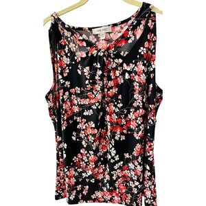 Nine West Black Red‎ pink  Floral Top twist neck detail stretch knit M